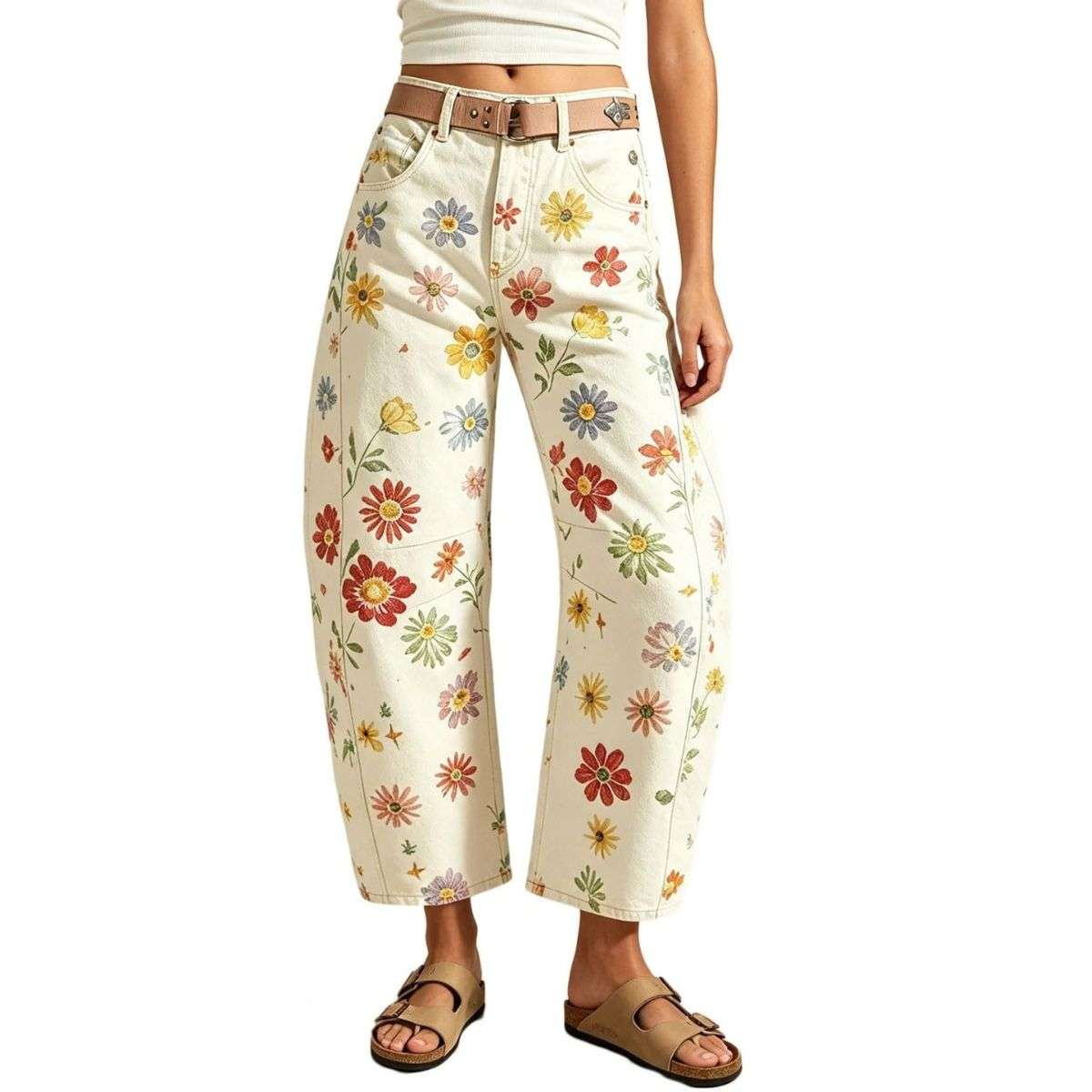 Women’s Mid Rise Printed Loose Barrel Leg Jeans