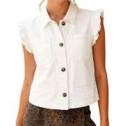 Women’s Sleeveless Ruffle Trim Cinched Short Denim Vest