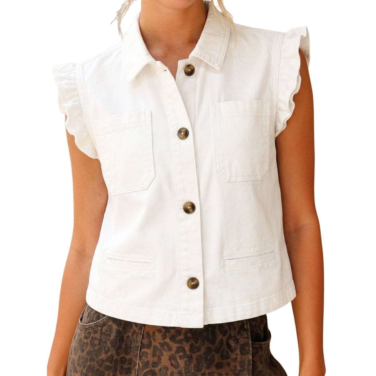 Women’s Sleeveless Ruffle Trim Cinched Short Denim Vest