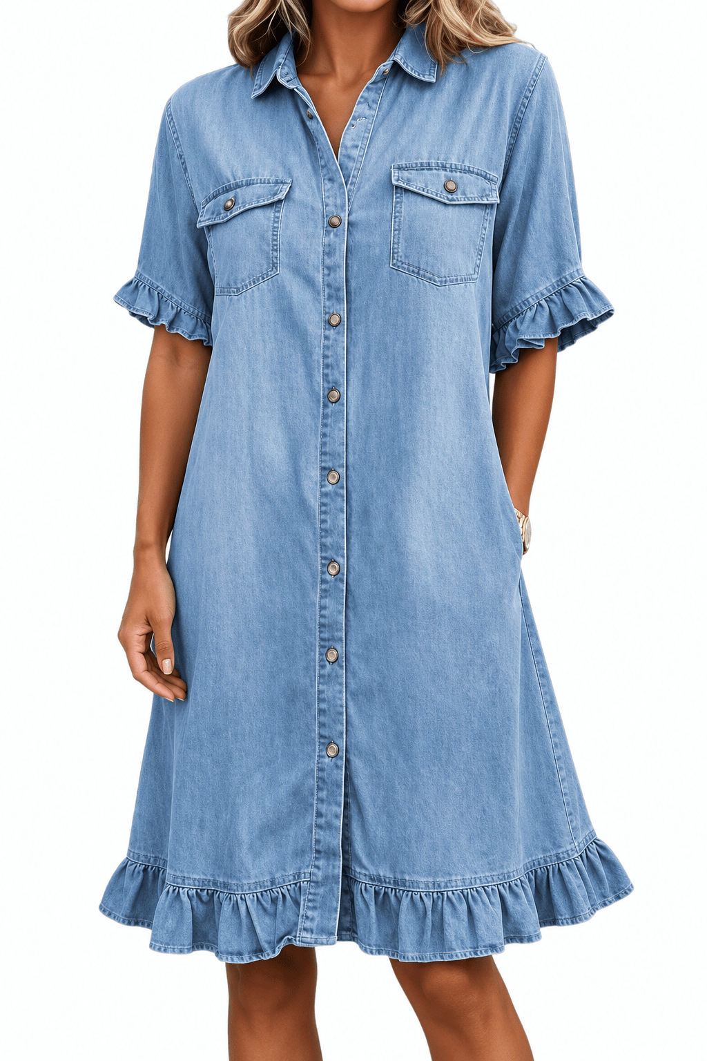Ruffle Short Sleeve Button-Down JDenim Shirt Dress