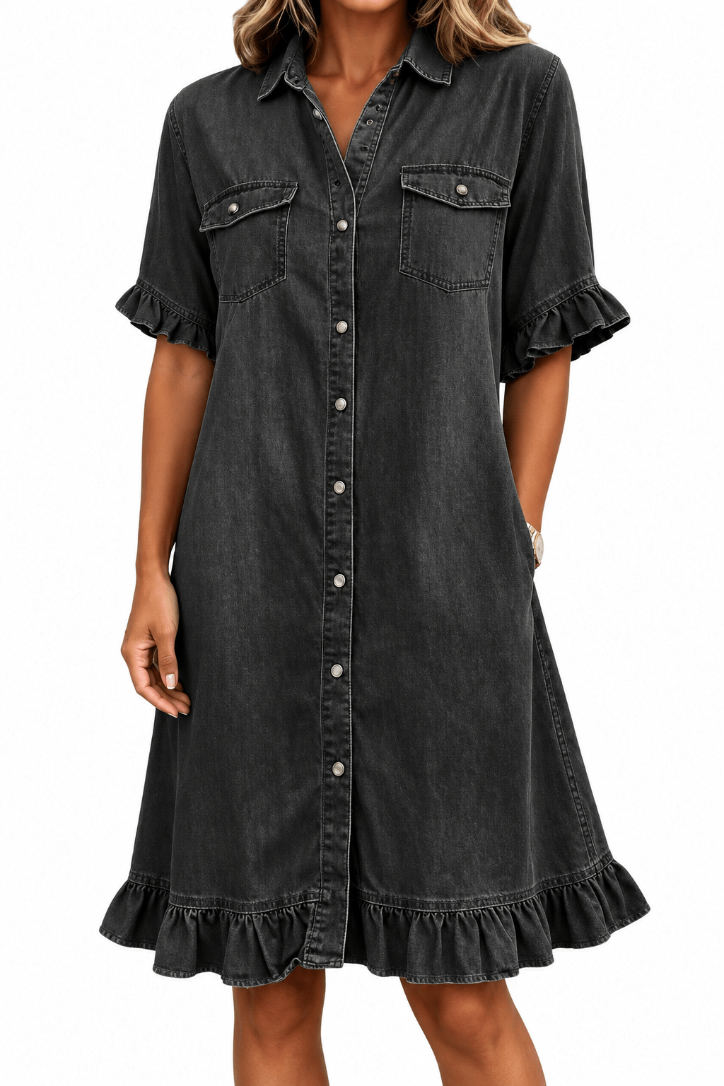 Ruffle Short Sleeve Button-Down JDenim Shirt Dress
