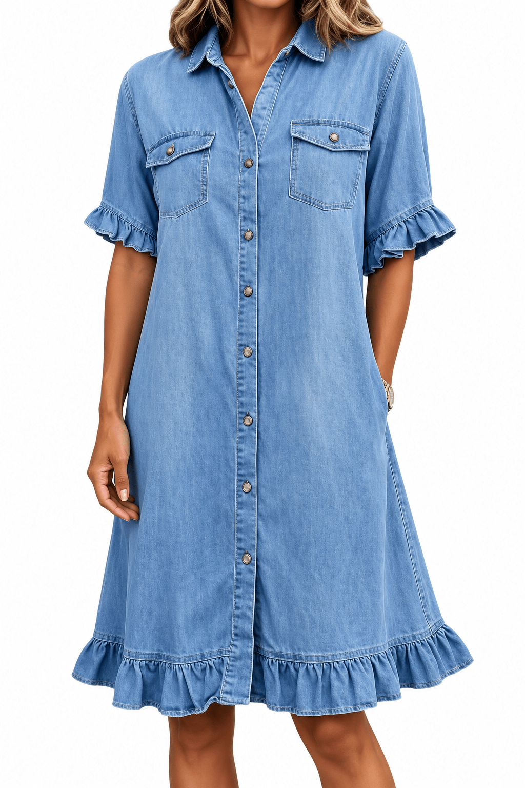 Ruffle Short Sleeve Button-Down JDenim Shirt Dress
