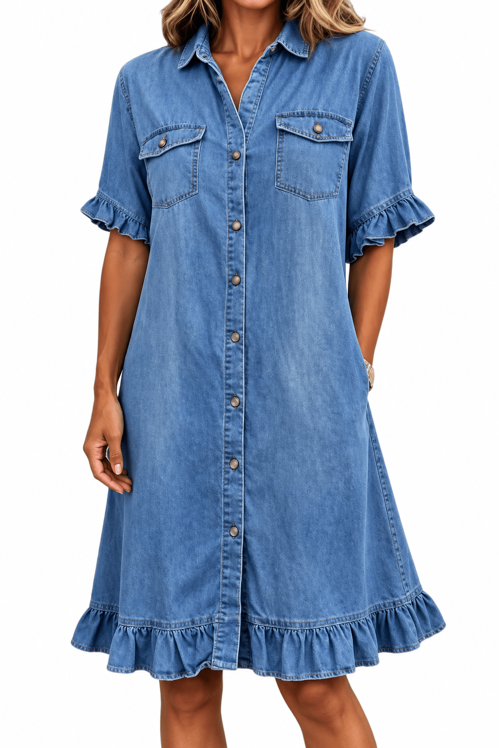 Ruffle Short Sleeve Button-Down JDenim Shirt Dress
