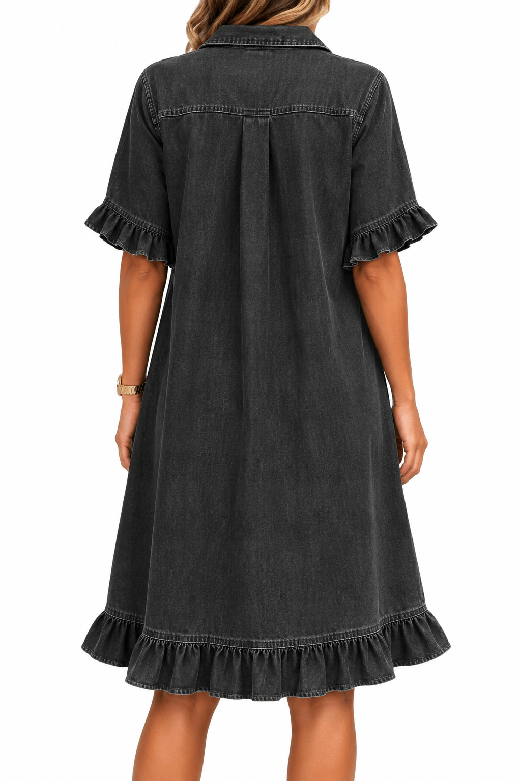 Ruffle Short Sleeve Button-Down JDenim Shirt Dress