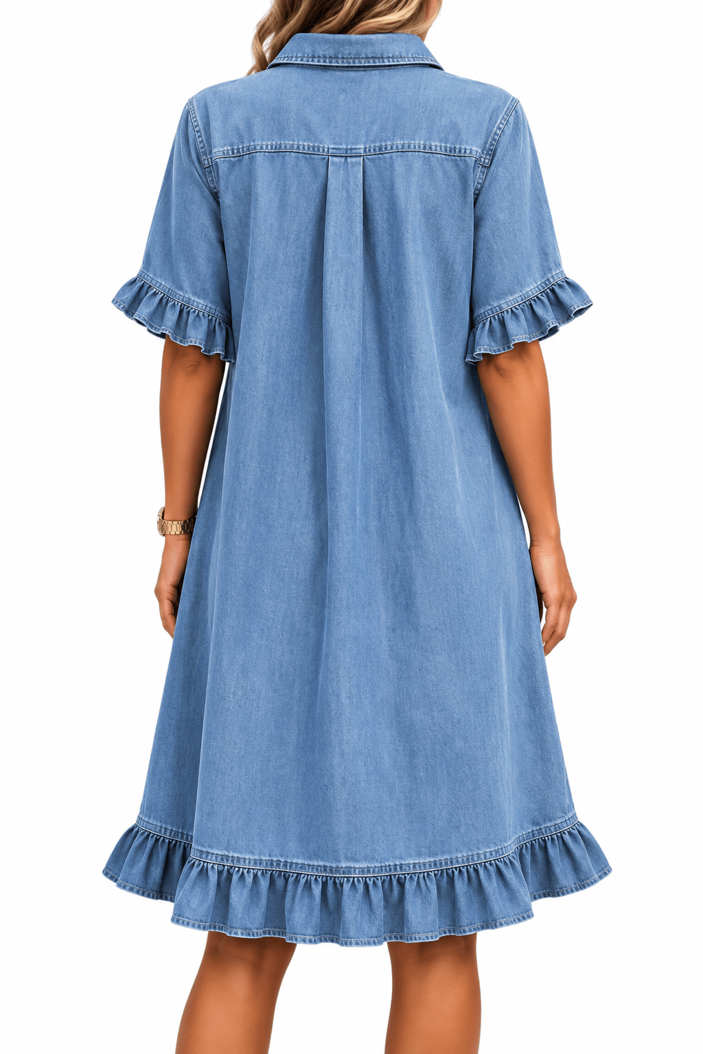 Ruffle Short Sleeve Button-Down JDenim Shirt Dress