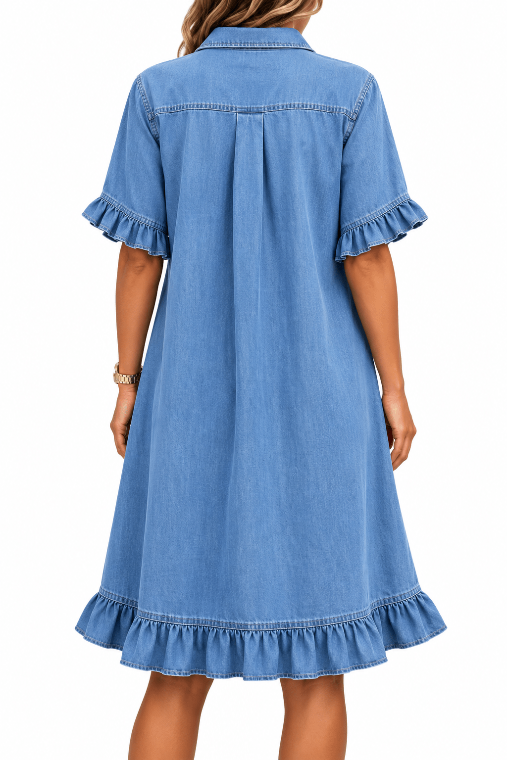 Ruffle Short Sleeve Button-Down JDenim Shirt Dress