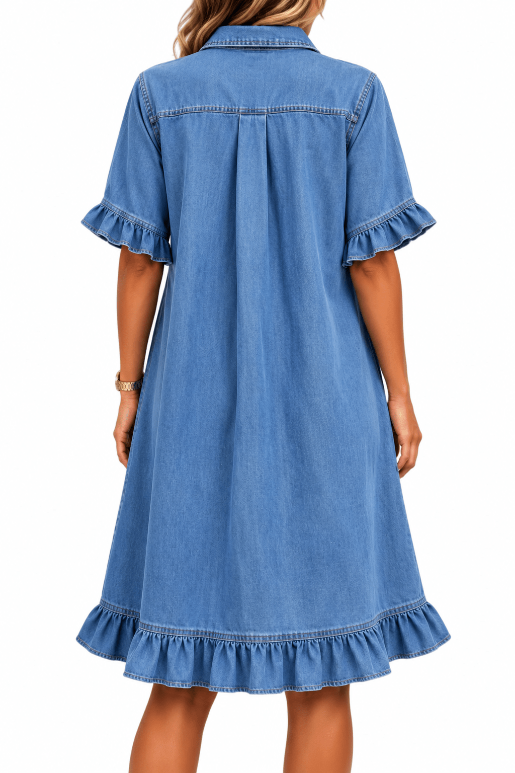 Ruffle Short Sleeve Button-Down JDenim Shirt Dress