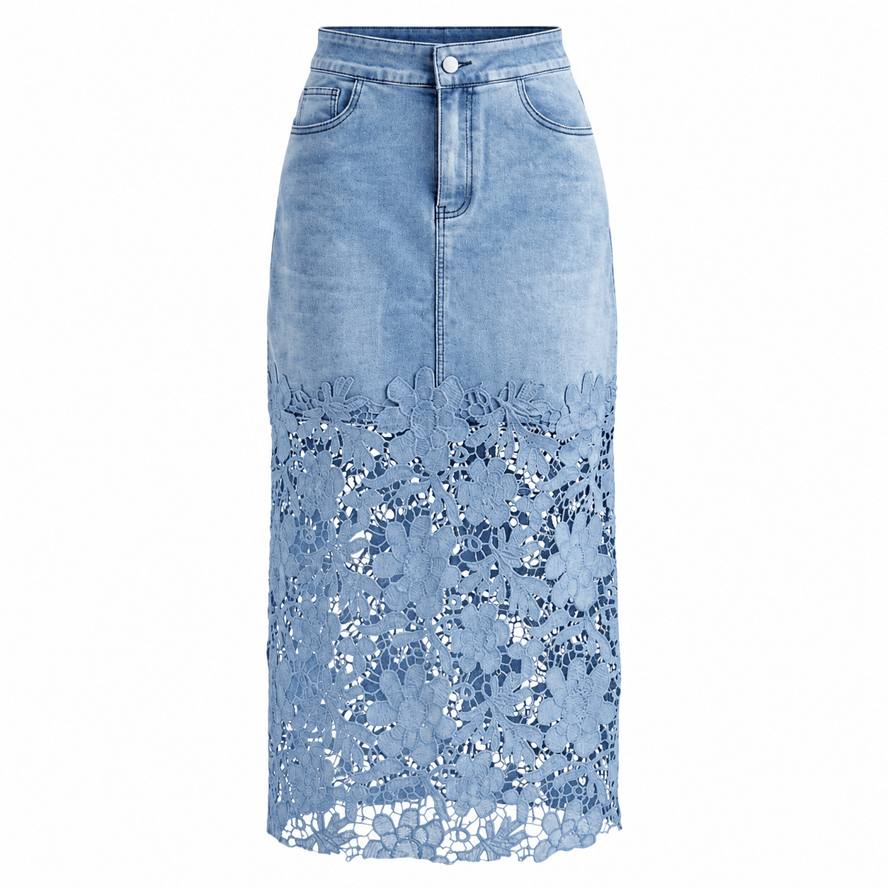 Women’s Lace Spliced Denim Midi Skirt