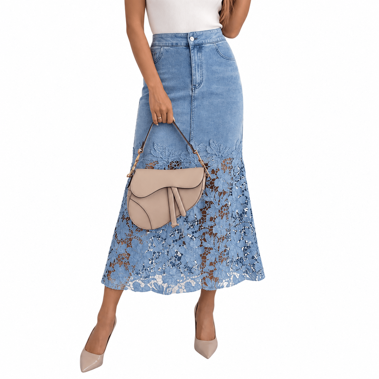 Women’s Lace Spliced Denim Midi Skirt