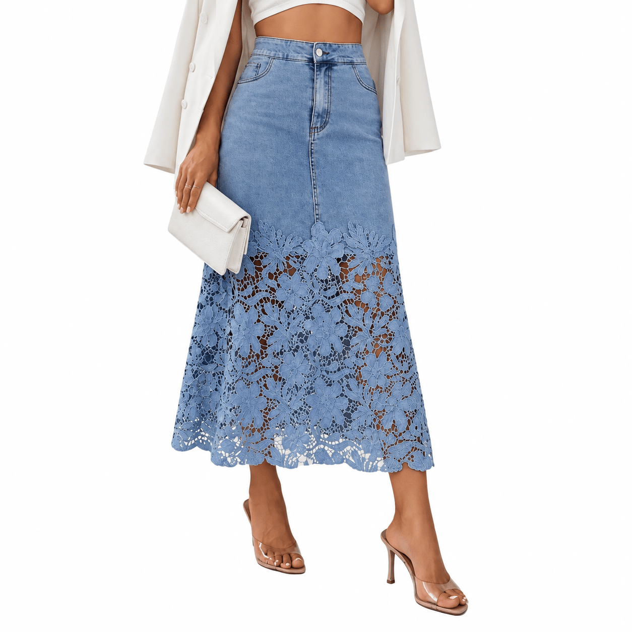 Women’s Lace Spliced Denim Midi Skirt