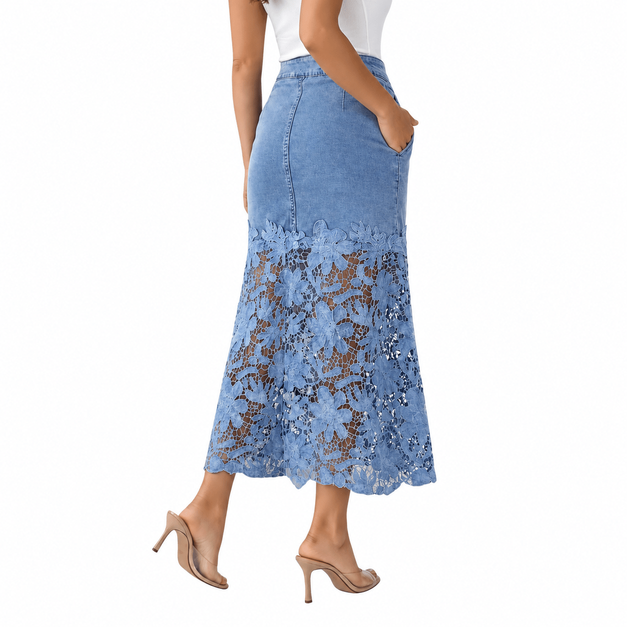 Women’s Lace Spliced Denim Midi Skirt