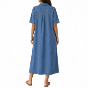 Women’s Distressed  Short Sleeve Button Up Pleated Loose Fit Midi Denim Polo Shirt Dress