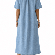 Women’s Distressed  Short Sleeve Button Up Pleated Loose Fit Midi Denim Polo Shirt Dress