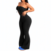 Women’s Criss-Cross Bustier Slim Fit Flare Denim Jumpsuit