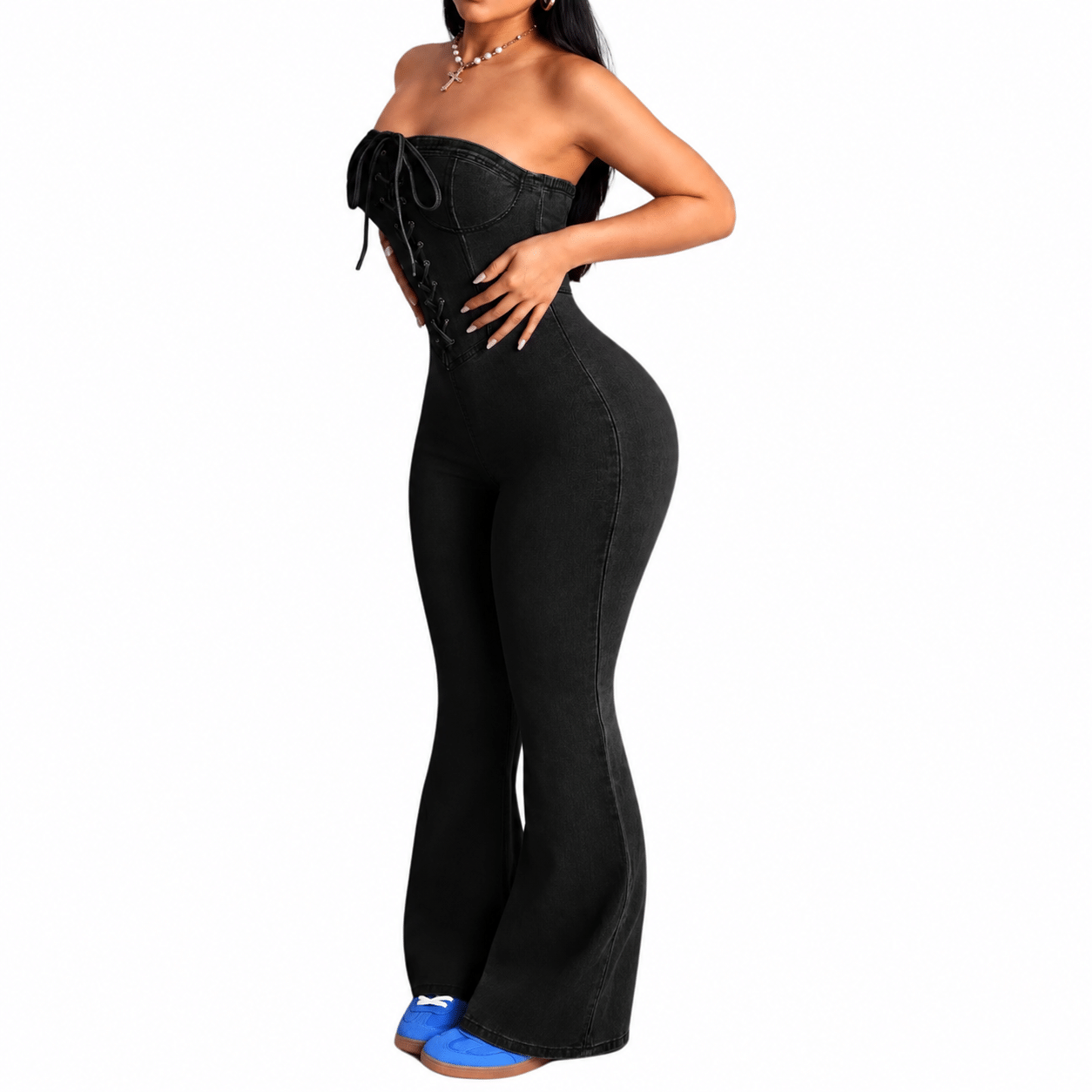 Women’s Criss-Cross Bustier Slim Fit Flare Denim Jumpsuit