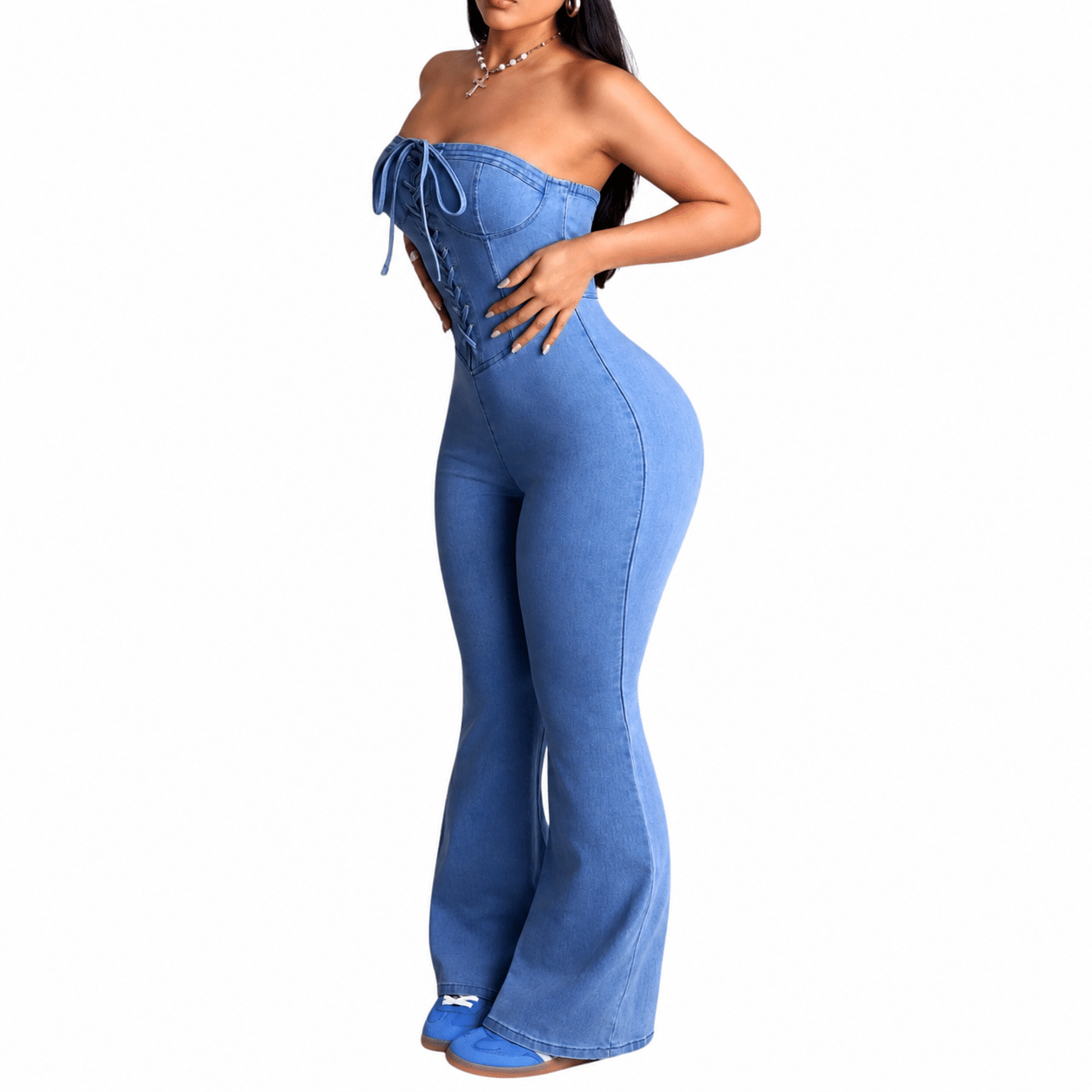 Women’s Criss-Cross Bustier Slim Fit Flare Denim Jumpsuit