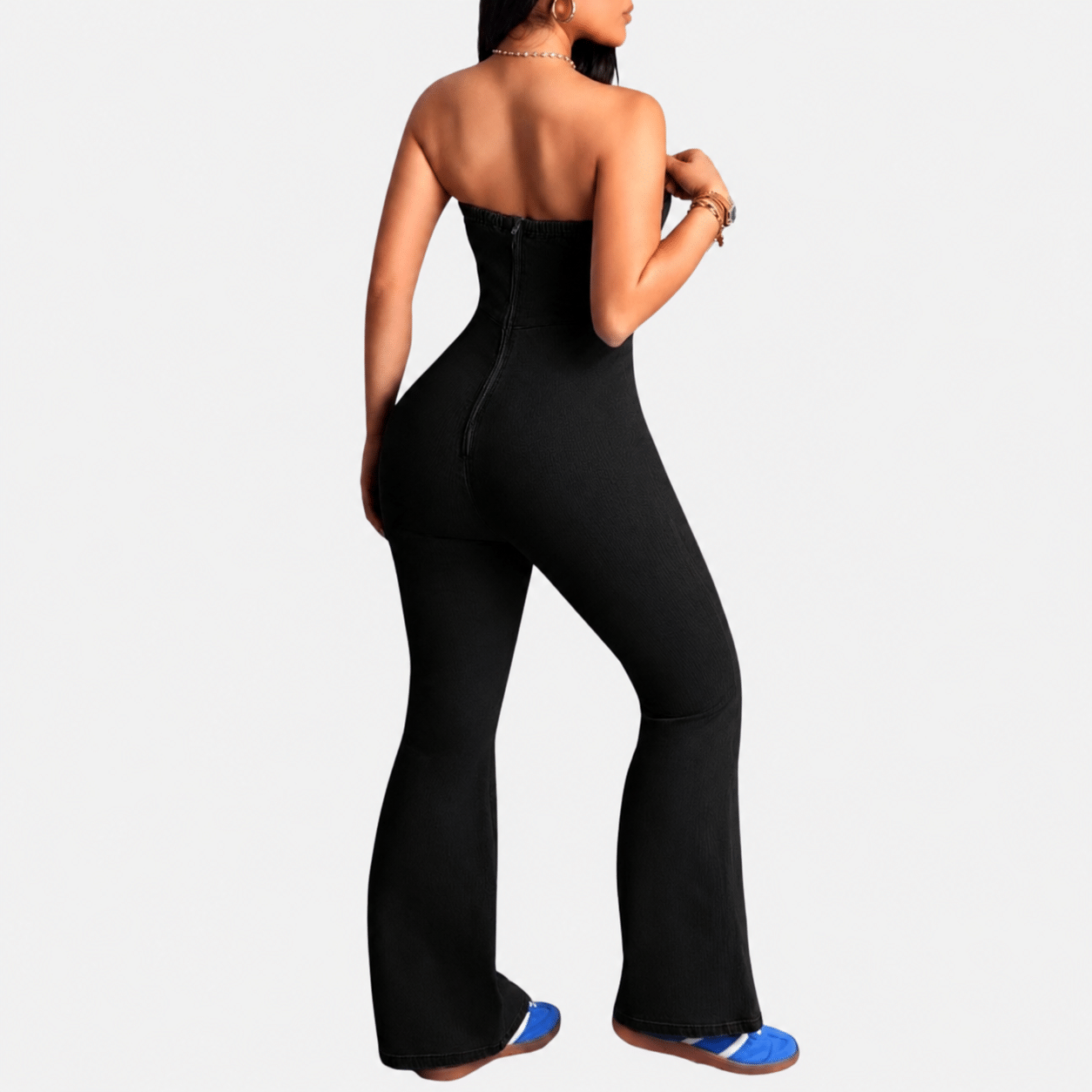 Women’s Criss-Cross Bustier Slim Fit Flare Denim Jumpsuit