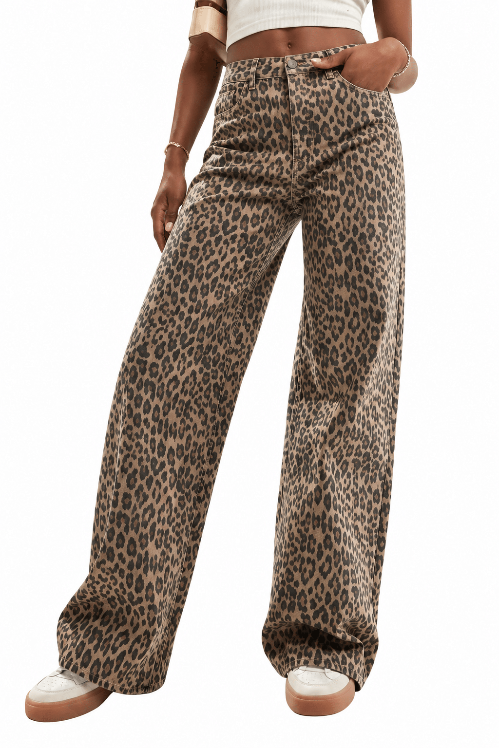 Vintage Y2K Street Leopard Print High-Waist Denim Wide Leg Jeans