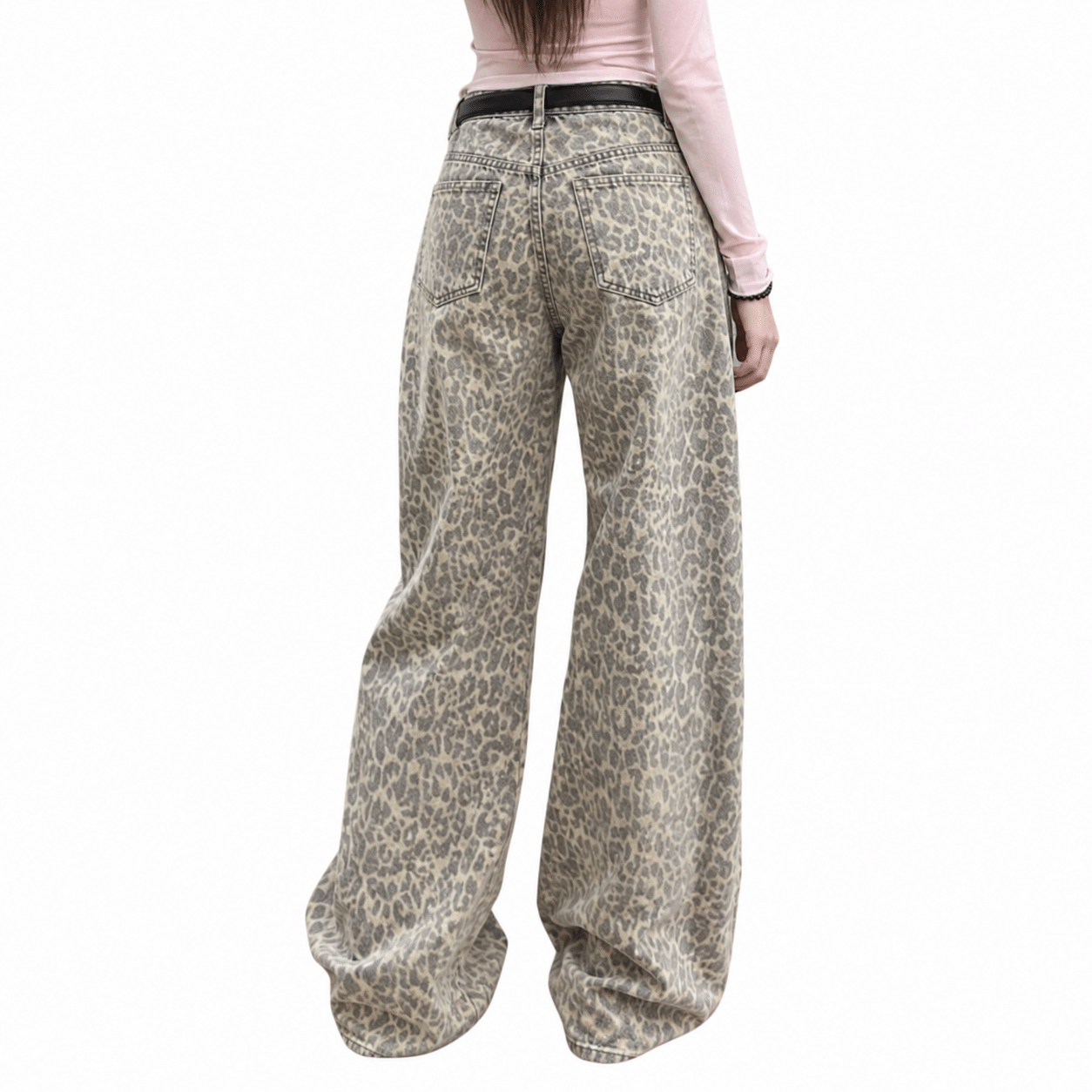Vintage Y2K Street Leopard Print High-Waist Denim Wide Leg Jeans