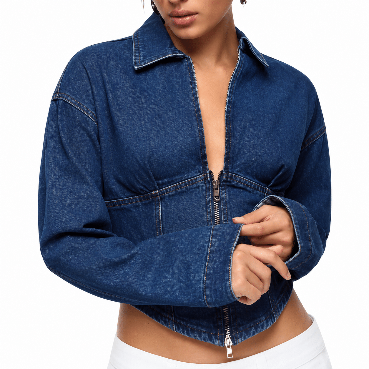 Women’s Fitted Denim Collar Corset Zip-Up Jacket