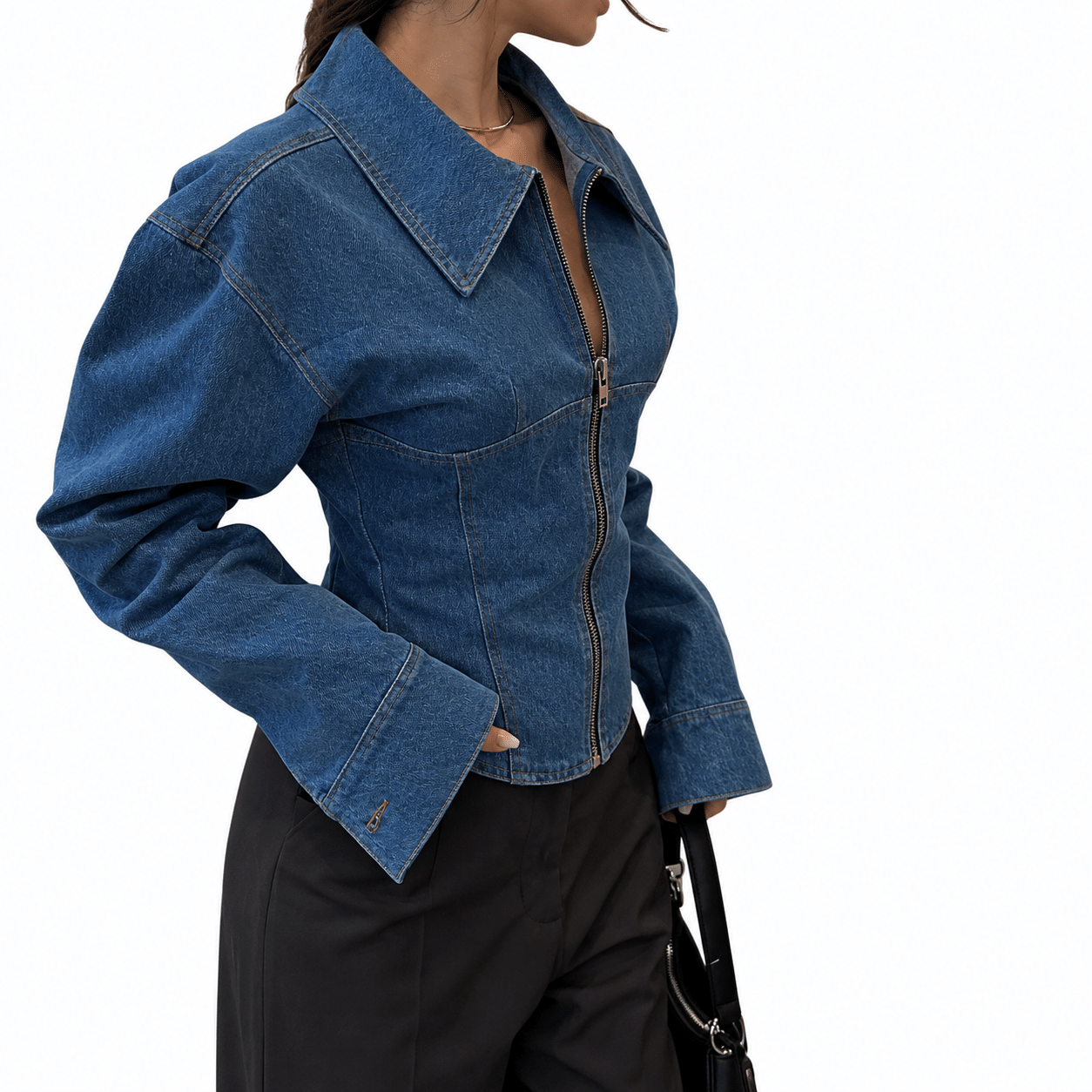 Women’s Fitted Denim Collar Corset Zip-Up Jacket