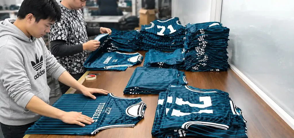 Quality control inspection of custom sports jerseys in garment manufacturing