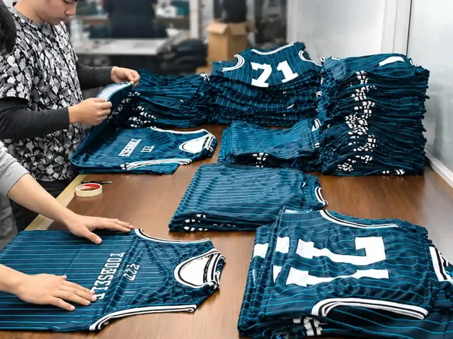 Quality control inspection of custom sports jerseys in garment manufacturing