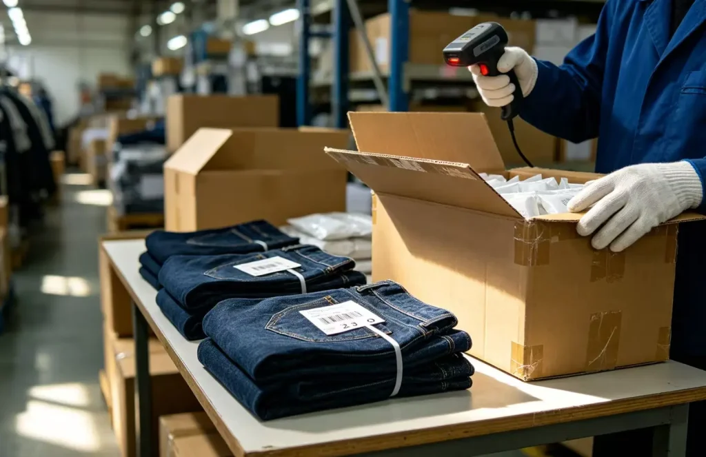Denim factory quality control team monitoring production
