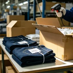 Denim factory quality control team monitoring production
