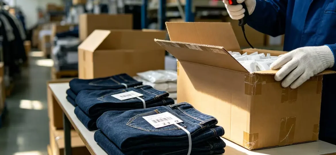 Denim factory quality control team monitoring production