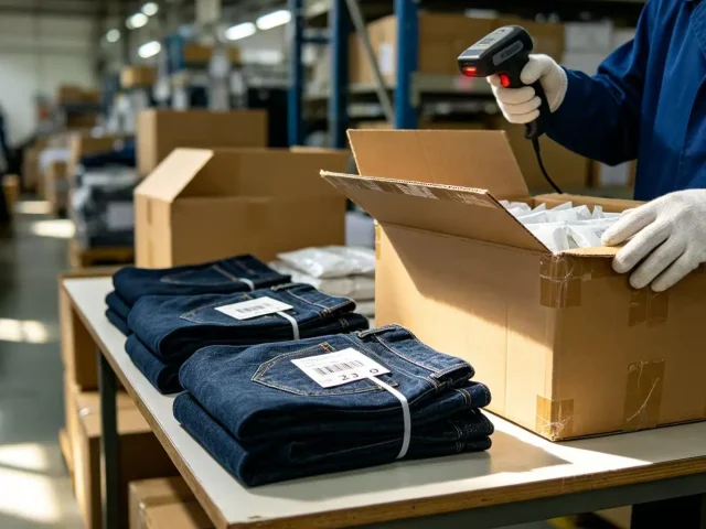 Denim factory quality control team monitoring production