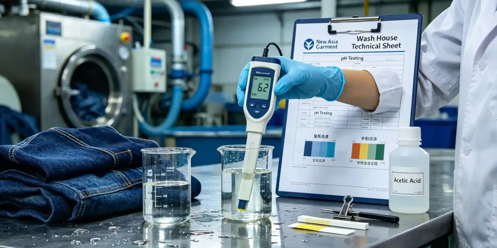 Denim washing and finishing process for controlling chemical odour and fabric shedding