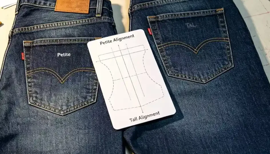 Petite Regular Tall denim jeans with multi-height pattern engineering and consistent fit