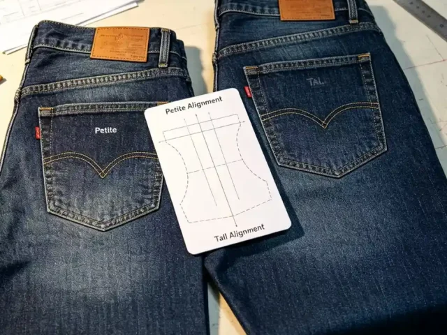 Petite Regular Tall denim jeans with multi-height pattern engineering and consistent fit