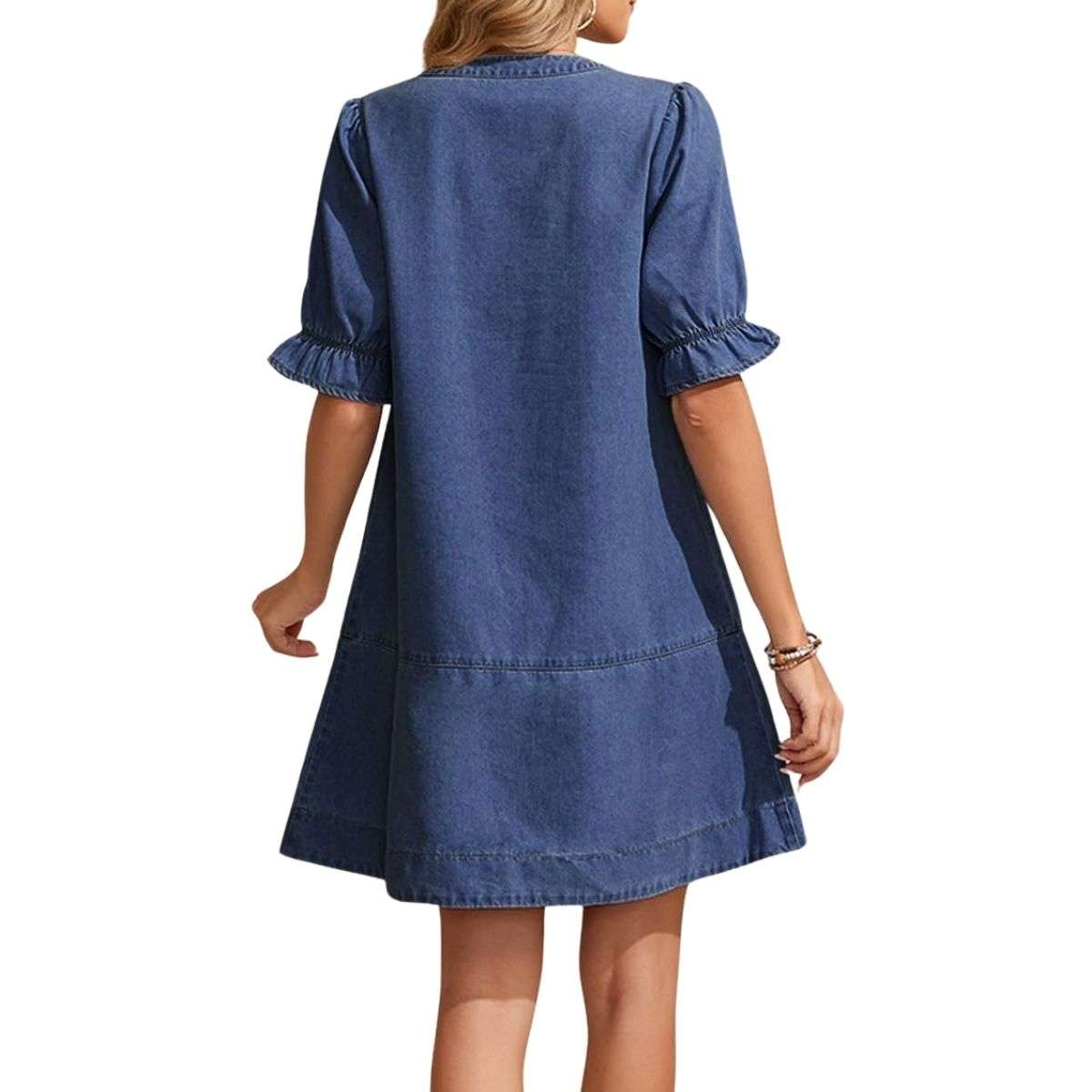 Women’s Button Down Babydoll Denim Ruffle Mini Dress