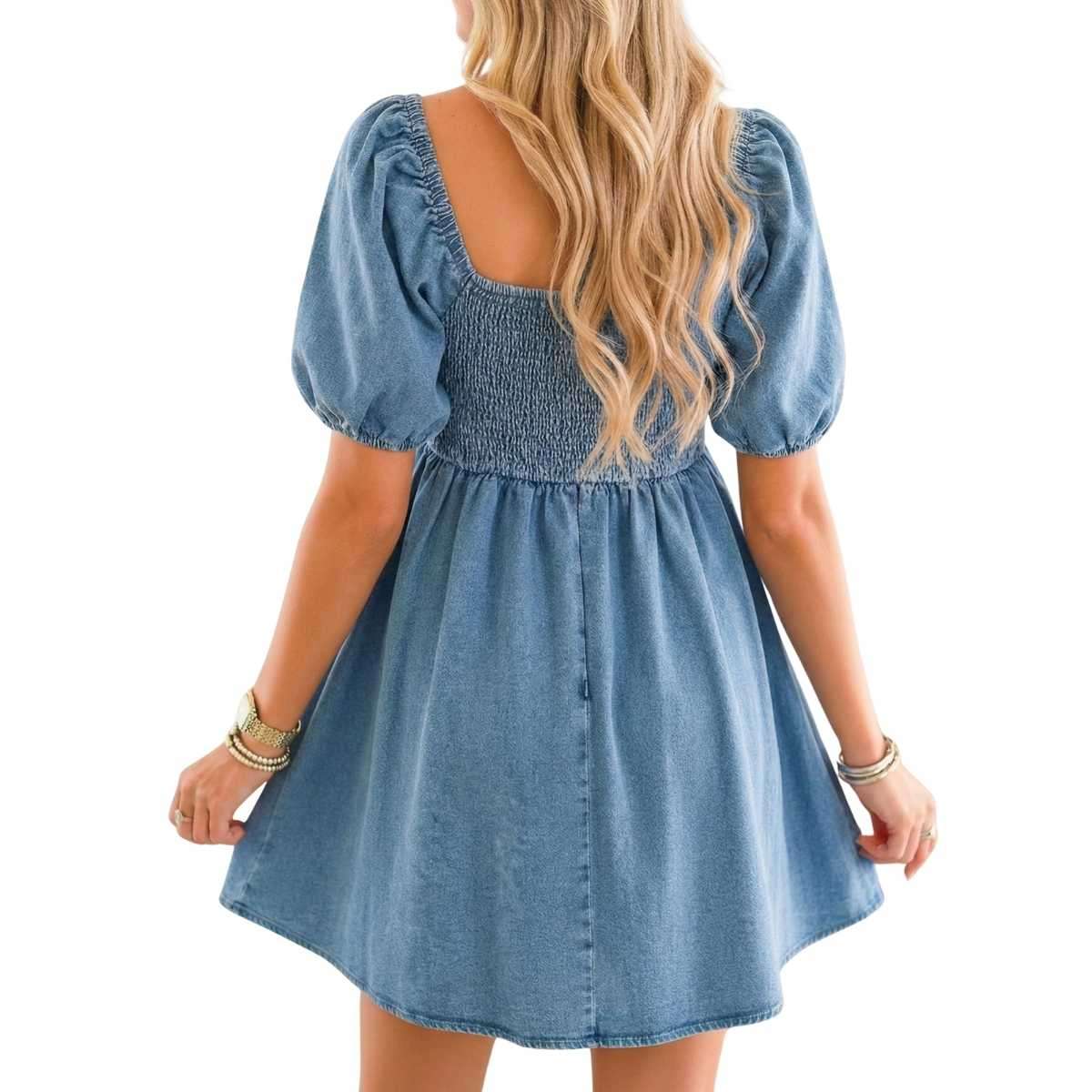 Women’s Western Puff Sleeve Sweetheart Neckline Denim Babydoll Mini Dress