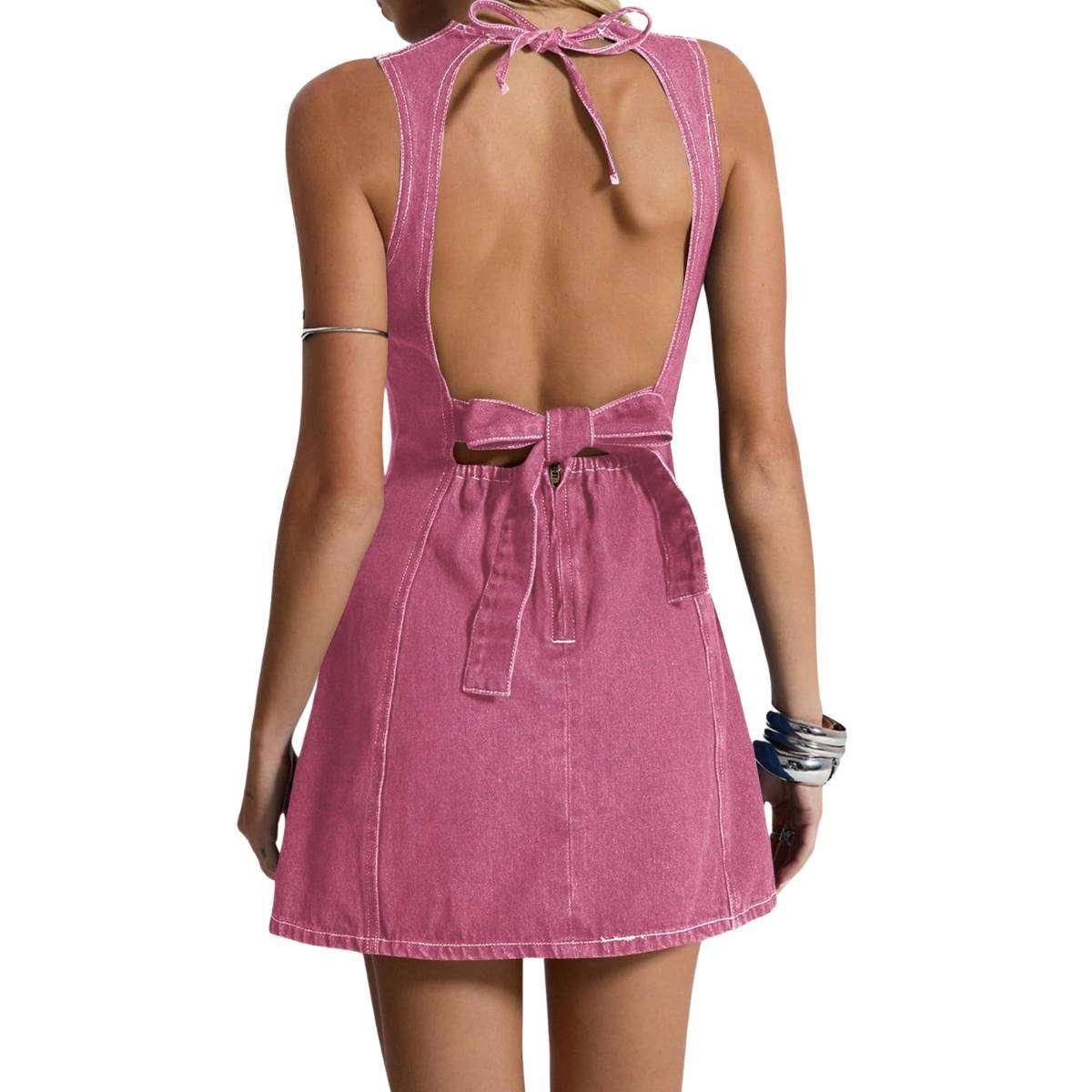 Y2K Bow Tie Open Back Denim Mini Dress