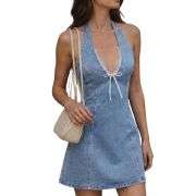 Bow Halter Backless Sleeveless  Lace Trim Denim Mini Dress