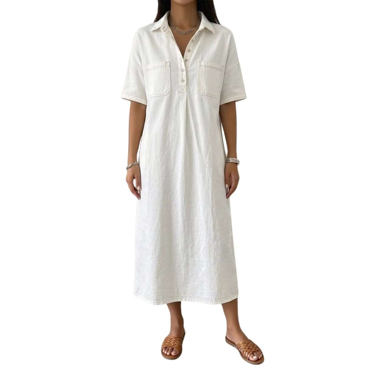 Women’s Distressed Short Sleeve Button Up Pleated Loose Fit Midi Denim Polo Shirt Dress