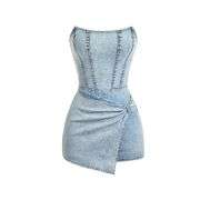 Women’s Y2K Strapless Bodycon Wrap Front Short Denim Romper