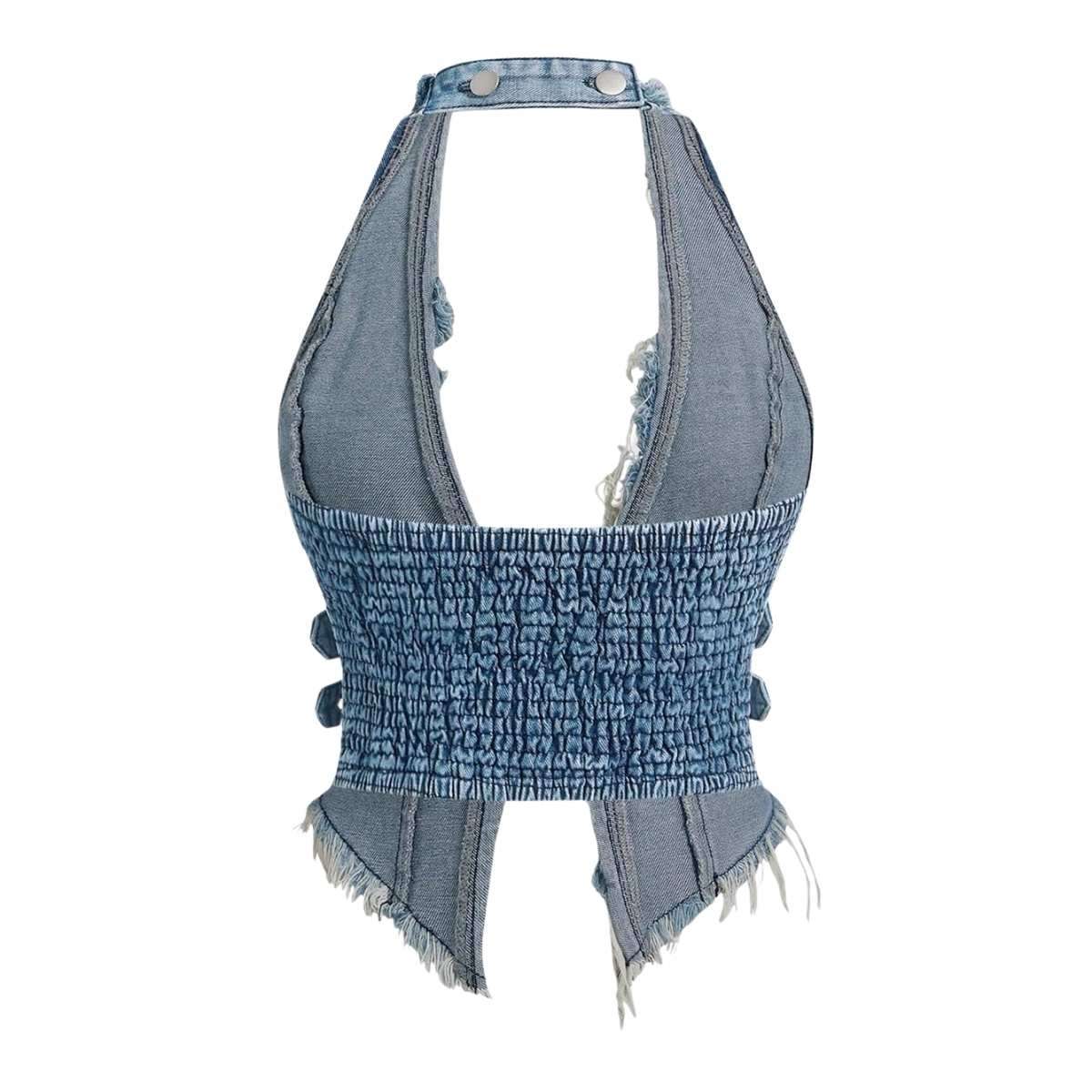 Women’s Y2K Backless Fringe Corset Denim Halter Top