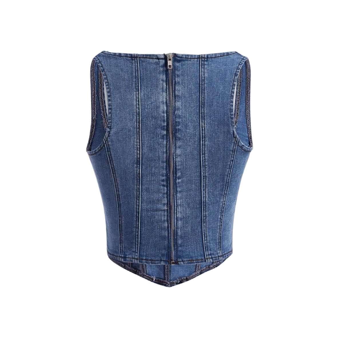 Women’s AsymmetricalSquare Neck Zip Back Denim Corset Crop Top
