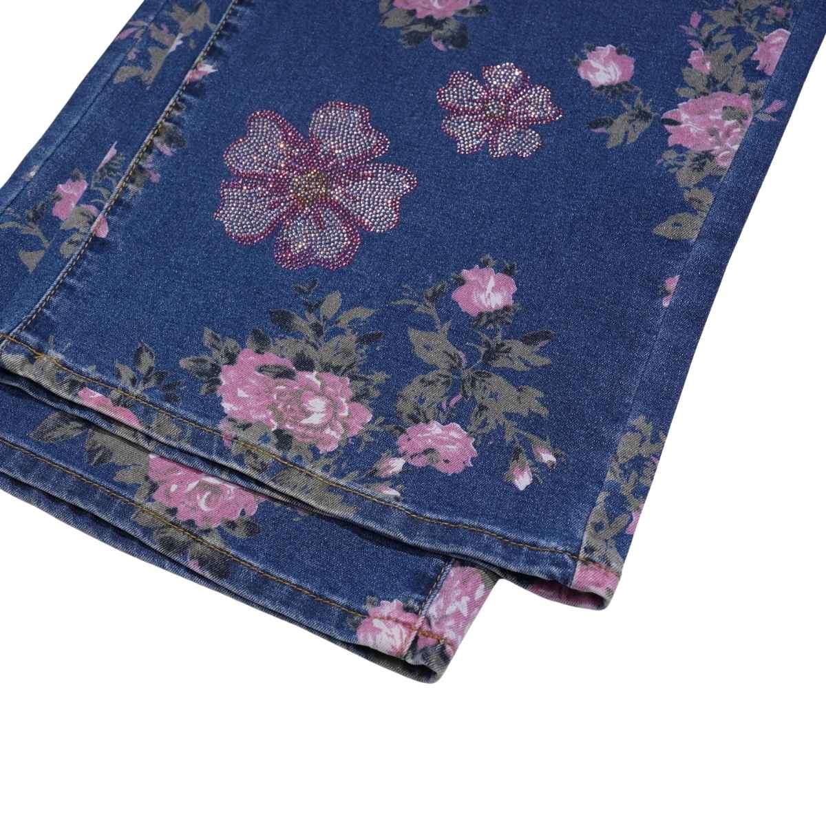 Rhinestone Blossom Print Denim Jeans