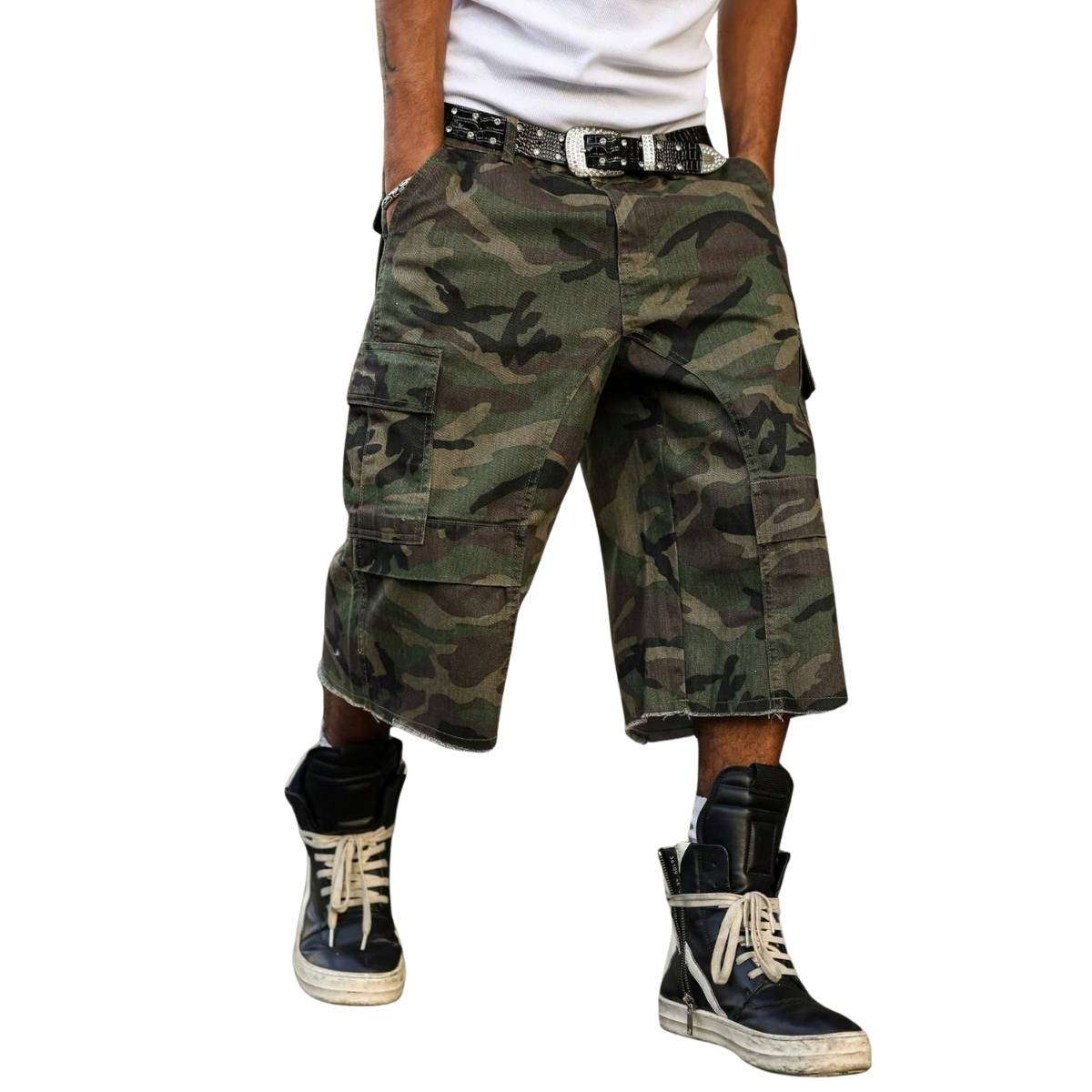 Men’s Flap Pockets Camo Cargo Denim Shorts