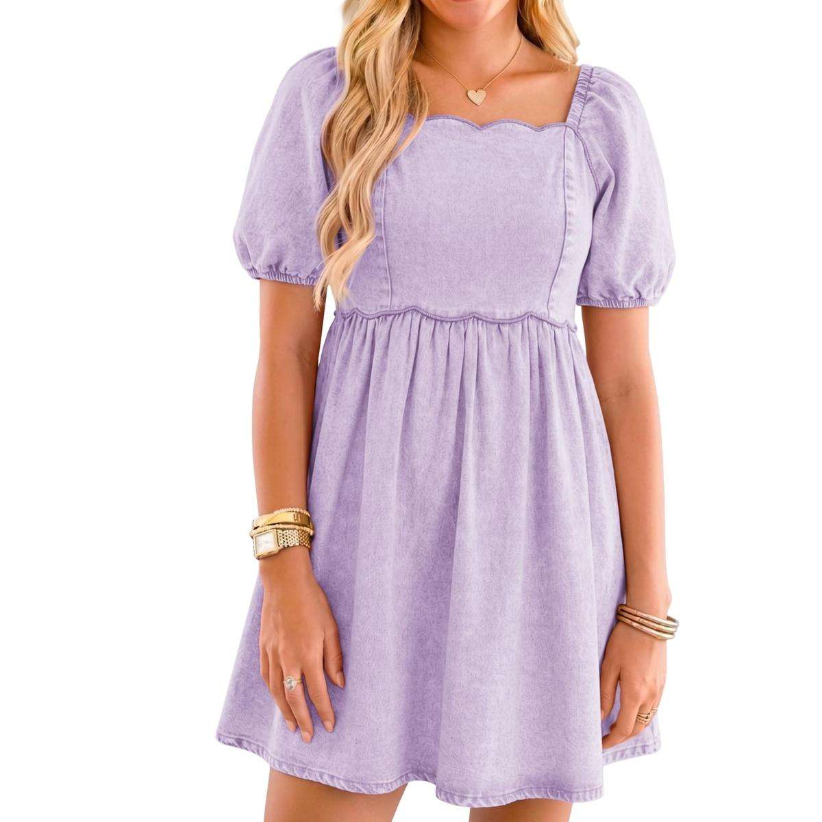 Women’s Western Puff Sleeve Sweetheart Neckline Denim Babydoll Mini Dress