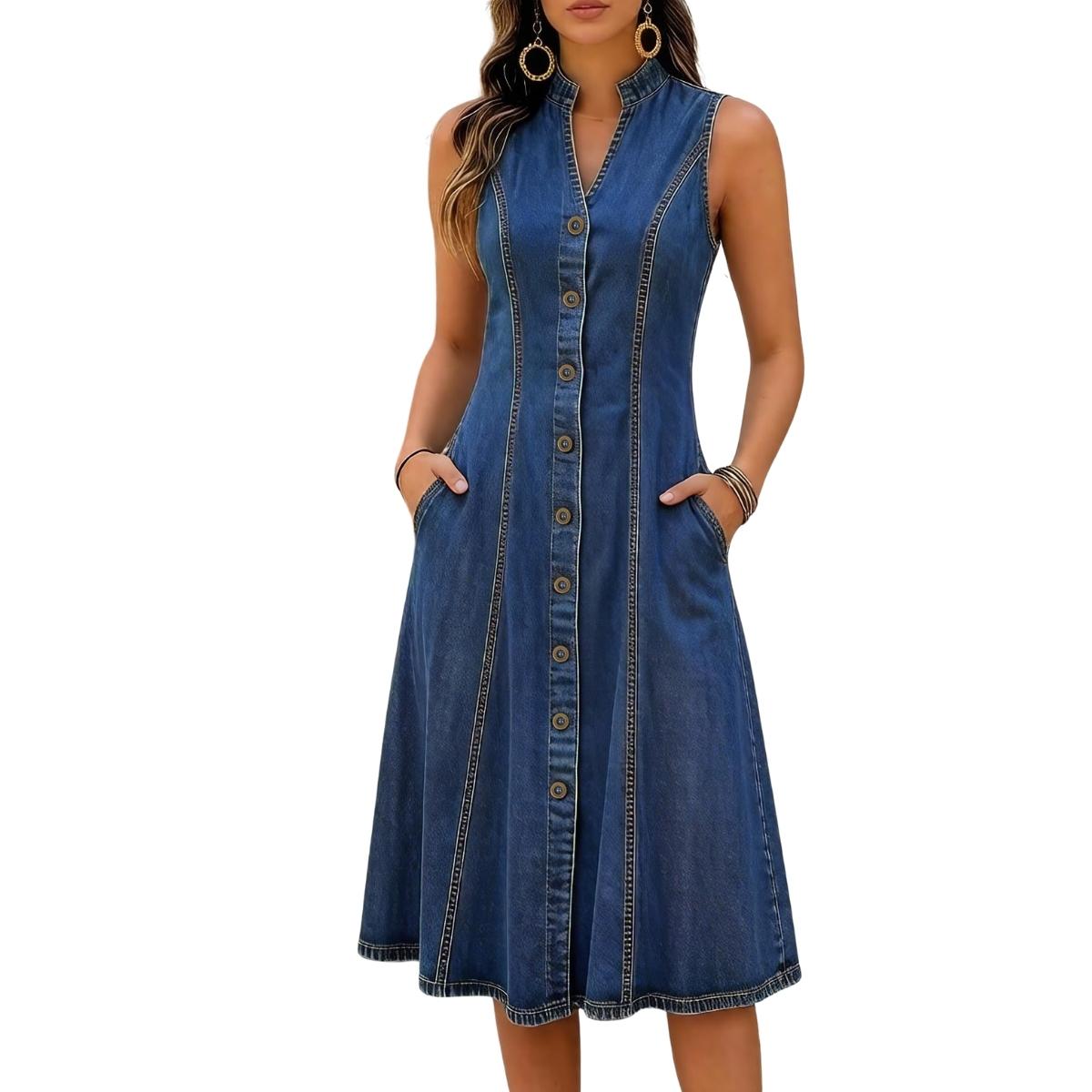 Women’s Sleeveless V Neck Button Front A-Line Pockets Denim Midi Dress