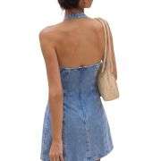 Bow Halter Backless Sleeveless  Lace Trim Denim Mini Dress