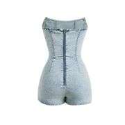 Women’s Y2K Strapless Bodycon Wrap Front Short Denim Romper