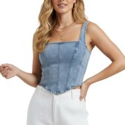 Women’s AsymmetricalSquare Neck Zip Back Denim Corset Crop Top