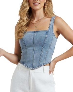Women’s AsymmetricalSquare Neck Zip Back Denim Corset Crop Top